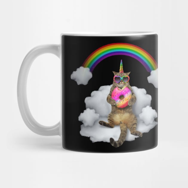 Rainbow Unicorn Cat Eating Donut On Cloud by SpacemanTees